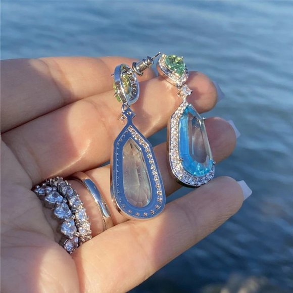 Luxury Long Dangle Tear Water Drop Earrings Big Gem Halo - Picture 8 of 16